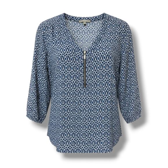 NY Collection Petite Blue Geometric Zip Front Blouse – PL, gently used - Picture 1 of 8
